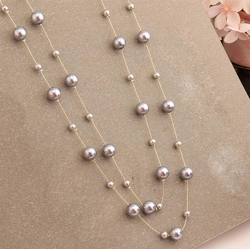 Pearl Layered Strand Necklaces for Women Dainty Fashion Long Imitation Pearls Beads Multiple Strands Chain Layer Choker Necklace Elegant Statement Charm Winter Sweater Vintage Wedding Party Costume Jewelry Gifts