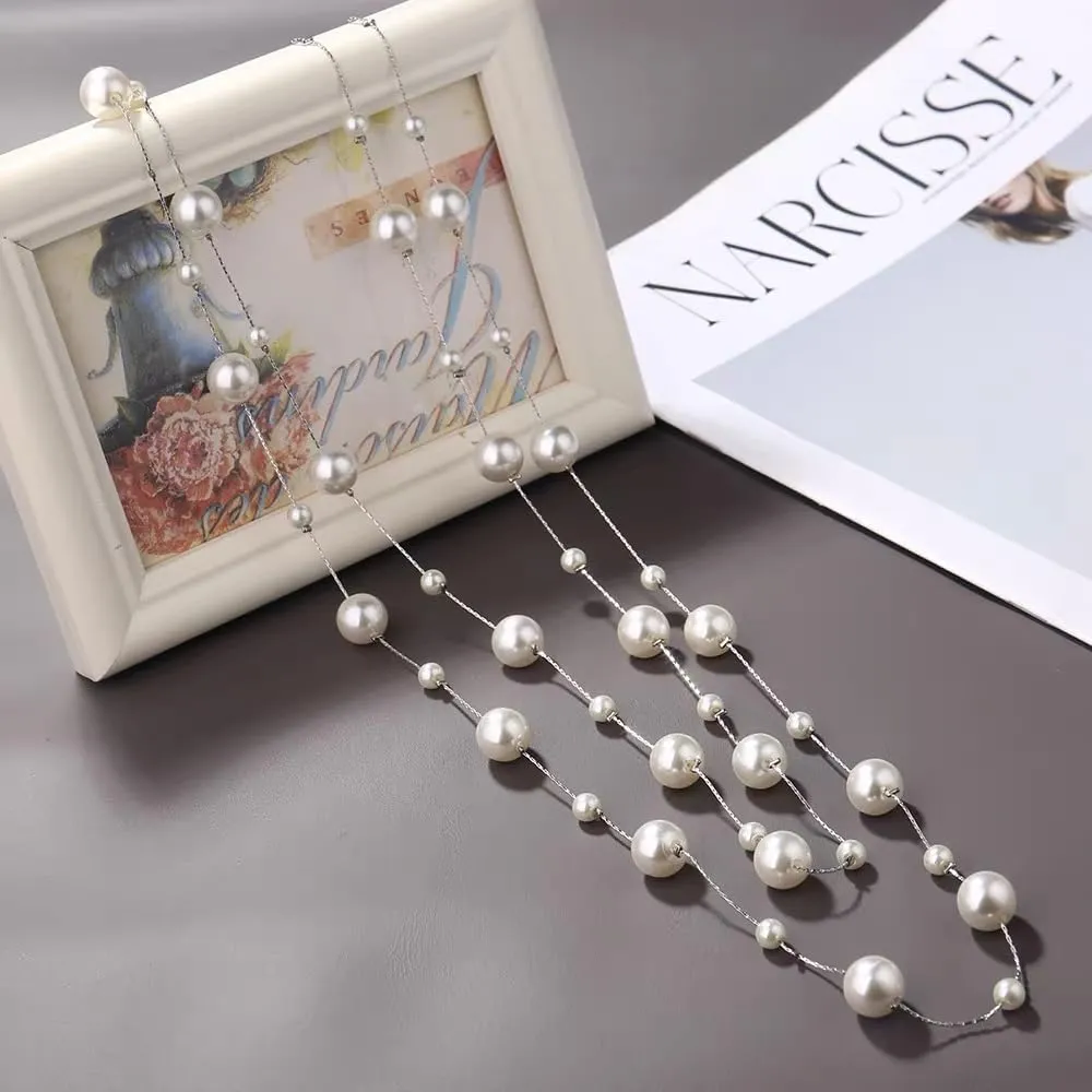Pearl Layered Strand Necklaces for Women Dainty Fashion Long Imitation Pearls Beads Multiple Strands Chain Layer Choker Necklace Elegant Statement Charm Winter Sweater Vintage Wedding Party Costume Jewelry Gifts