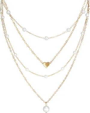Pearl Necklaces for Women, Dainty Layered Gold Plated Small Pendant Pearl Choker Chain Stack Set, Trendy Initial Simple Heart Charm Necklace for Women Bridesmaid Wedding Jewelry Gifts
