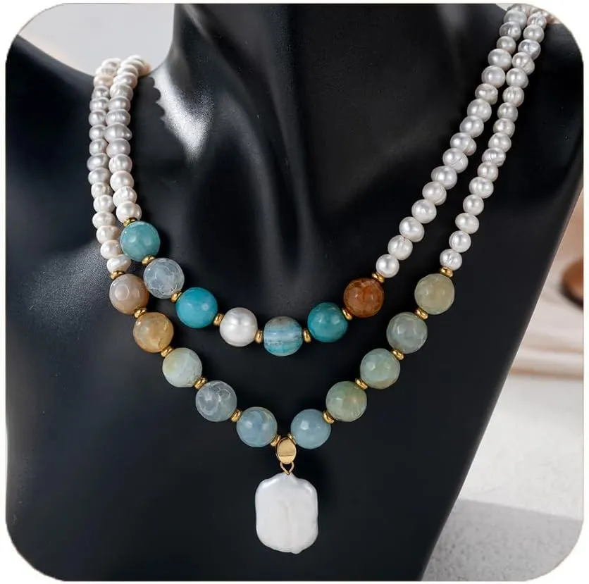 Pearl Pendatnt Necklace for Women,Colorful Choker Necklace Natural Stone Beaded Long Pendant Necklaces Handmade Bohemian Pearl Fashion Chunky Statement Charm Necklace Jewelry Gift