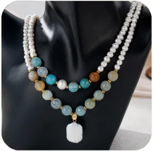 Pearl Pendatnt Necklace for Women,Colorful Choker Necklace Natural Stone Beaded Long Pendant Necklaces Handmade Bohemian Pearl Fashion Chunky Statement Charm Necklace Jewelry Gift