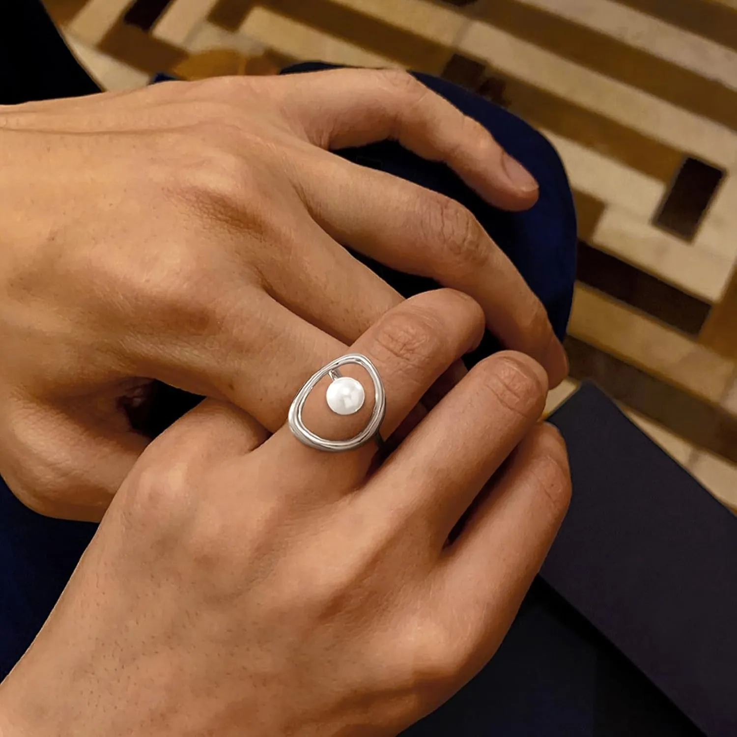 Pearl Ring for Women Sterling Silver 14k Gold Plated Ring Mother Daughter Ring Danity Irregular Statement Wedding Band Bridal Ring Jewelry Birthday Summer Ocean Gifts for Her