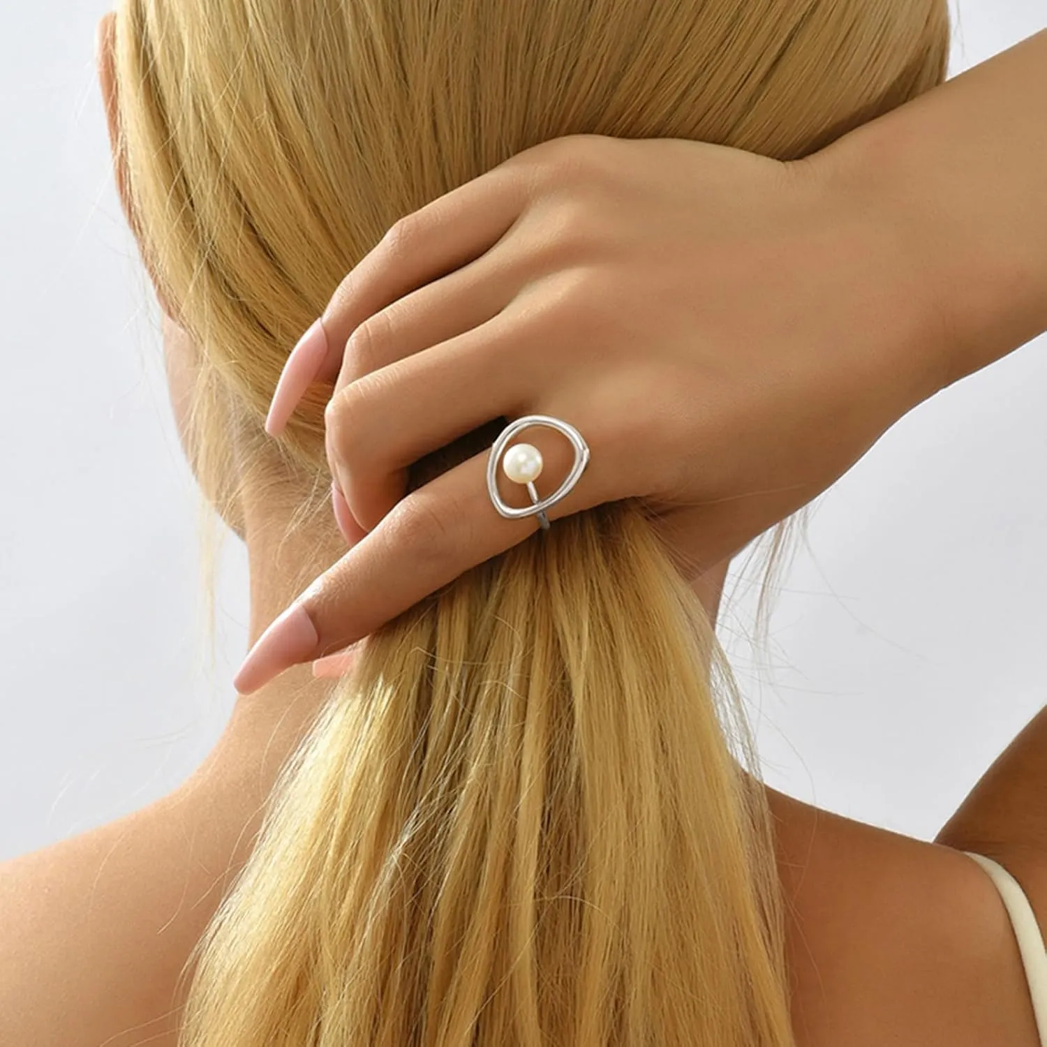Pearl Ring for Women Sterling Silver 14k Gold Plated Ring Mother Daughter Ring Danity Irregular Statement Wedding Band Bridal Ring Jewelry Birthday Summer Ocean Gifts for Her