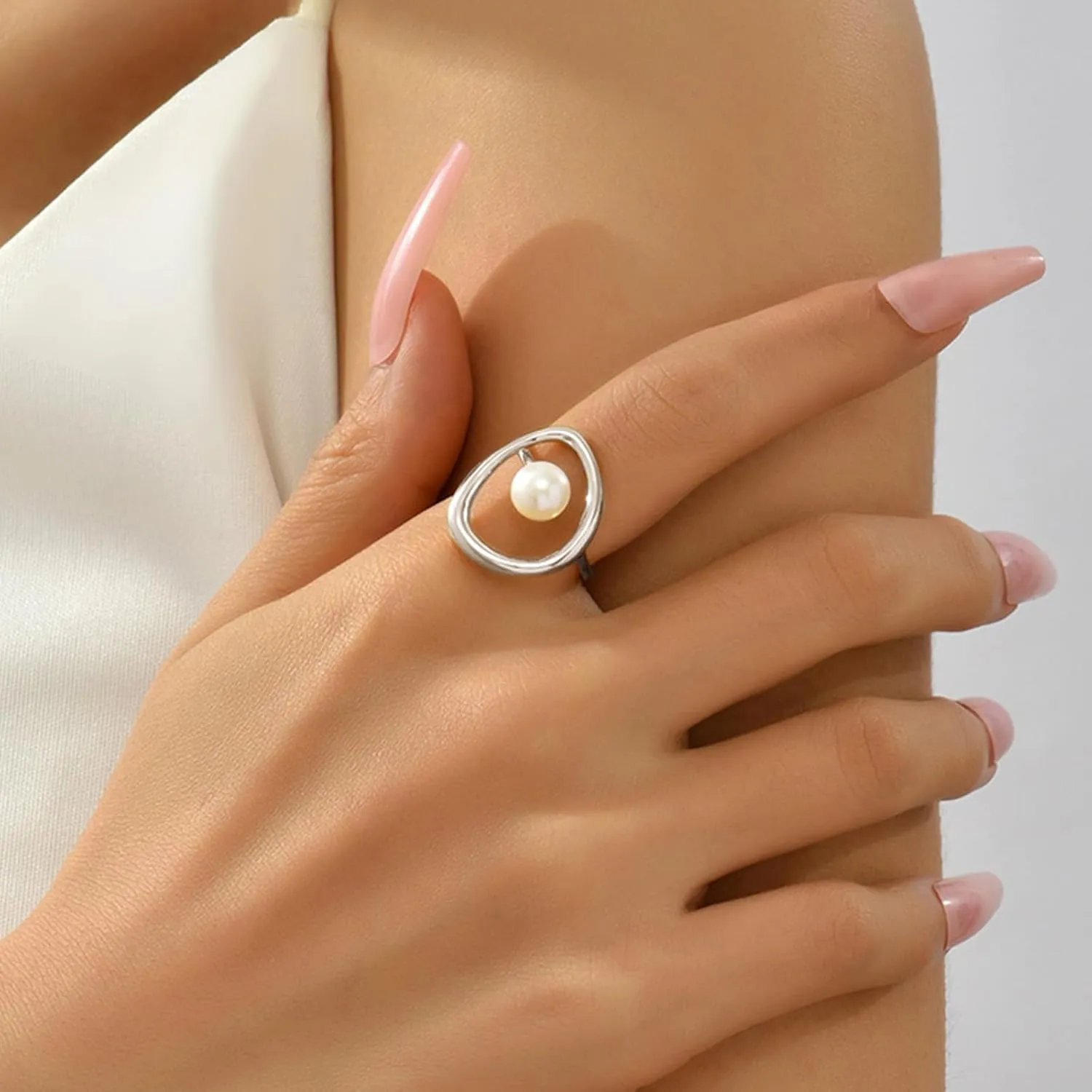 Pearl Ring for Women Sterling Silver 14k Gold Plated Ring Mother Daughter Ring Danity Irregular Statement Wedding Band Bridal Ring Jewelry Birthday Summer Ocean Gifts for Her