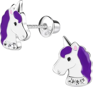 Penny & Piper Toddler Screwback Earrings Hypoallergenic for Ages  3 - Sterling Silver Earrings for Little Girls & Kids Stud Earrings - (Unicorn Glitter with Gem, 1 Pair)