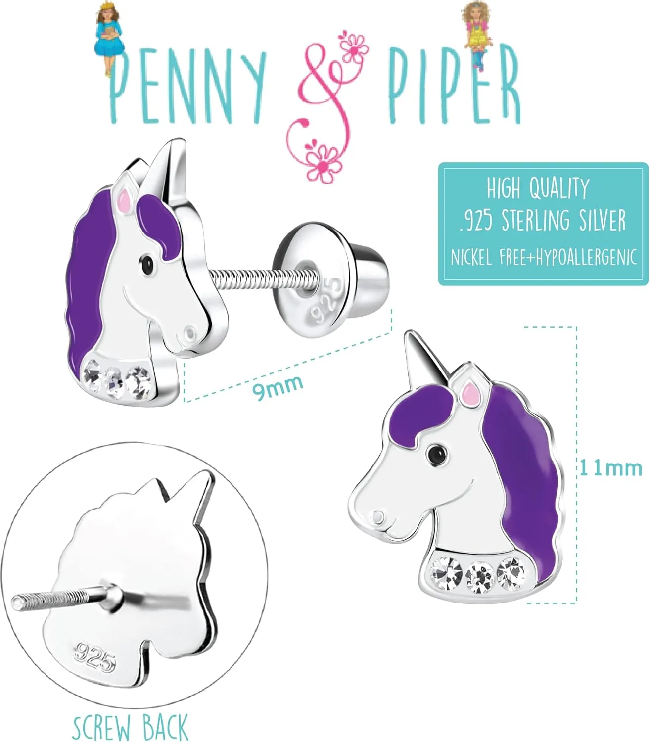 Penny & Piper Toddler Screwback Earrings Hypoallergenic for Ages  3 - Sterling Silver Earrings for Little Girls & Kids Stud Earrings - (Unicorn Glitter with Gem, 1 Pair)