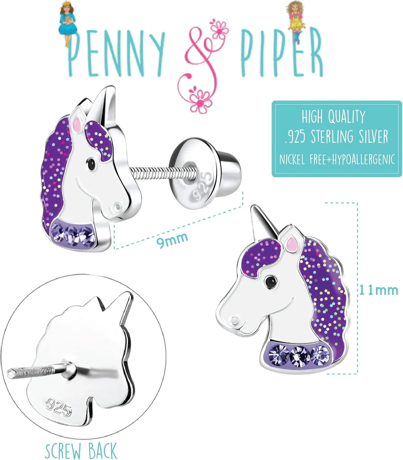 Penny & Piper Toddler Screwback Earrings Hypoallergenic for Ages  3 - Sterling Silver Earrings for Little Girls & Kids Stud Earrings - (Unicorn Glitter with Gem, 1 Pair)