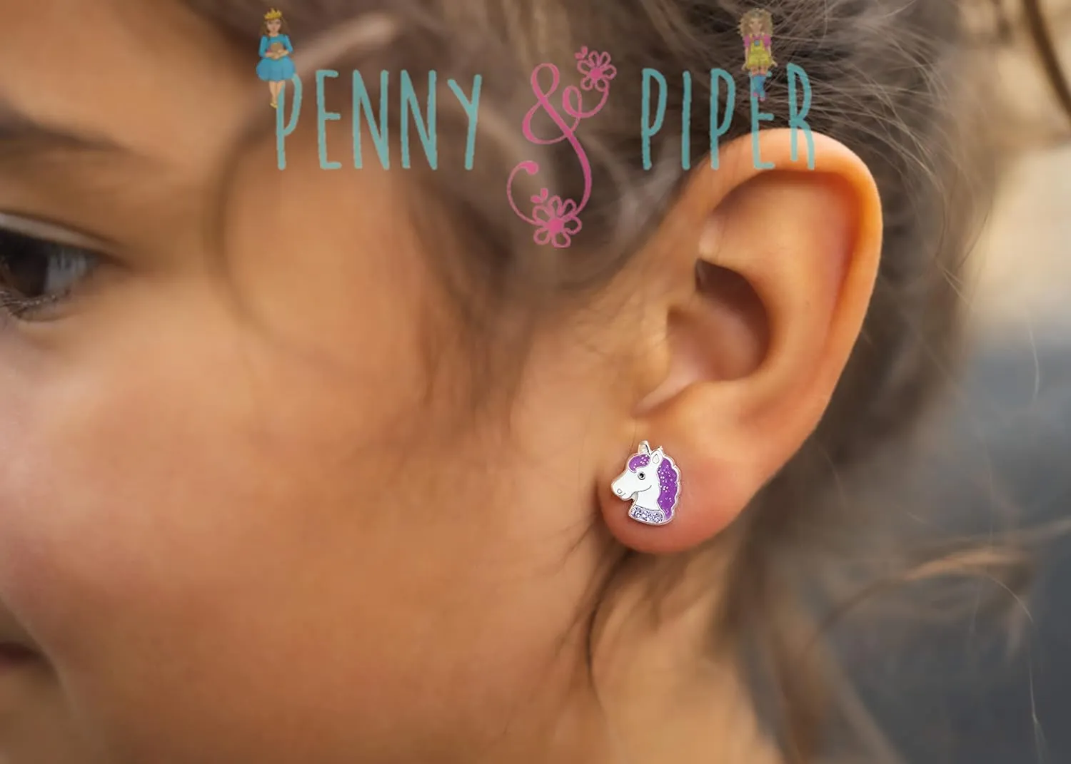 Penny & Piper Toddler Screwback Earrings Hypoallergenic for Ages  3 - Sterling Silver Earrings for Little Girls & Kids Stud Earrings - (Unicorn Glitter with Gem, 1 Pair)