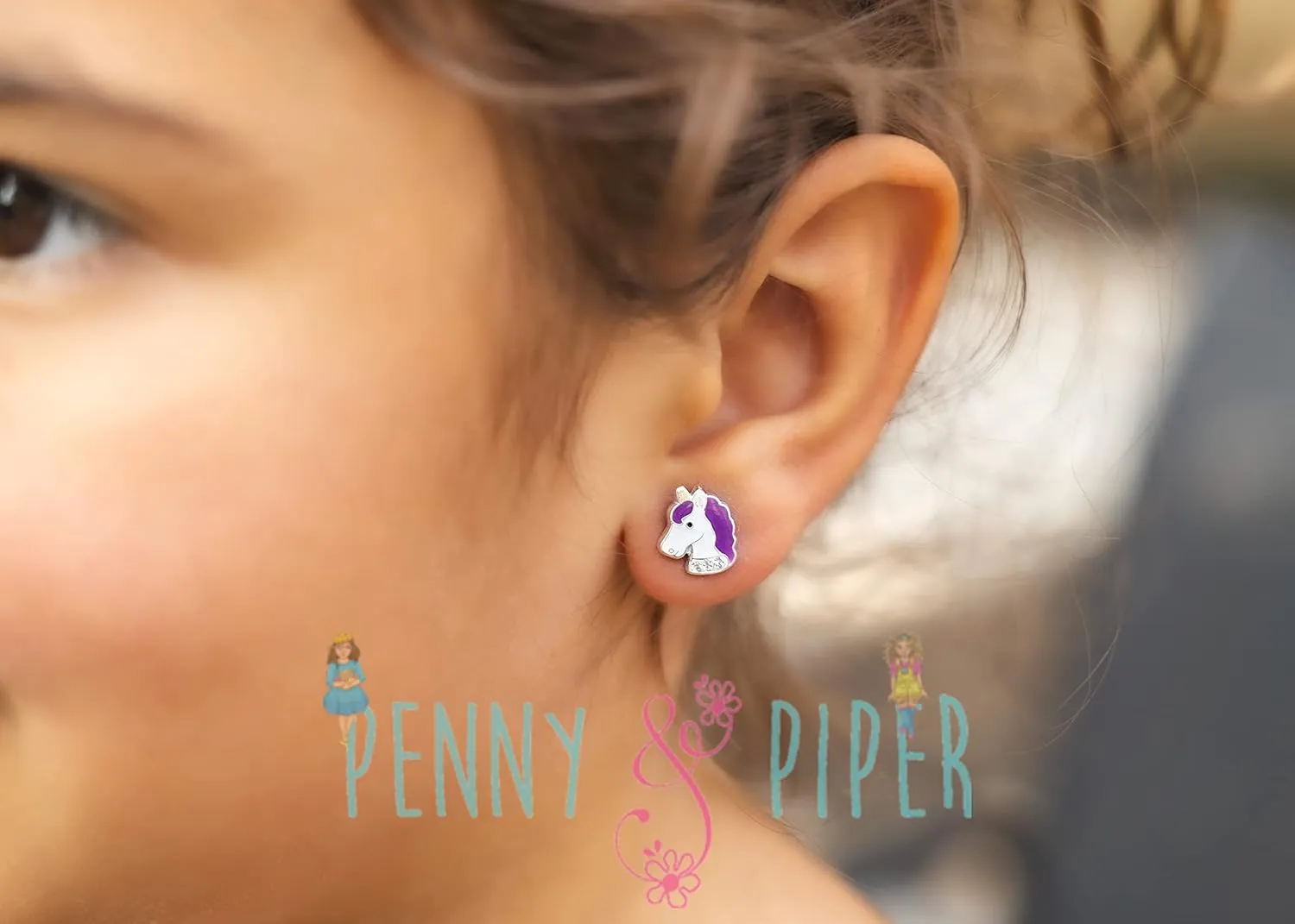 Penny & Piper Toddler Screwback Earrings Hypoallergenic for Ages  3 - Sterling Silver Earrings for Little Girls & Kids Stud Earrings - (Unicorn Glitter with Gem, 1 Pair)