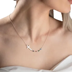 Personalized Cross Birthstone Necklace for Women Sideways Cross Family Birthstone Necklace Custom Mothers Necklace Pendants Mothers Day Gifts for Mom Grandma, 20n/50cm