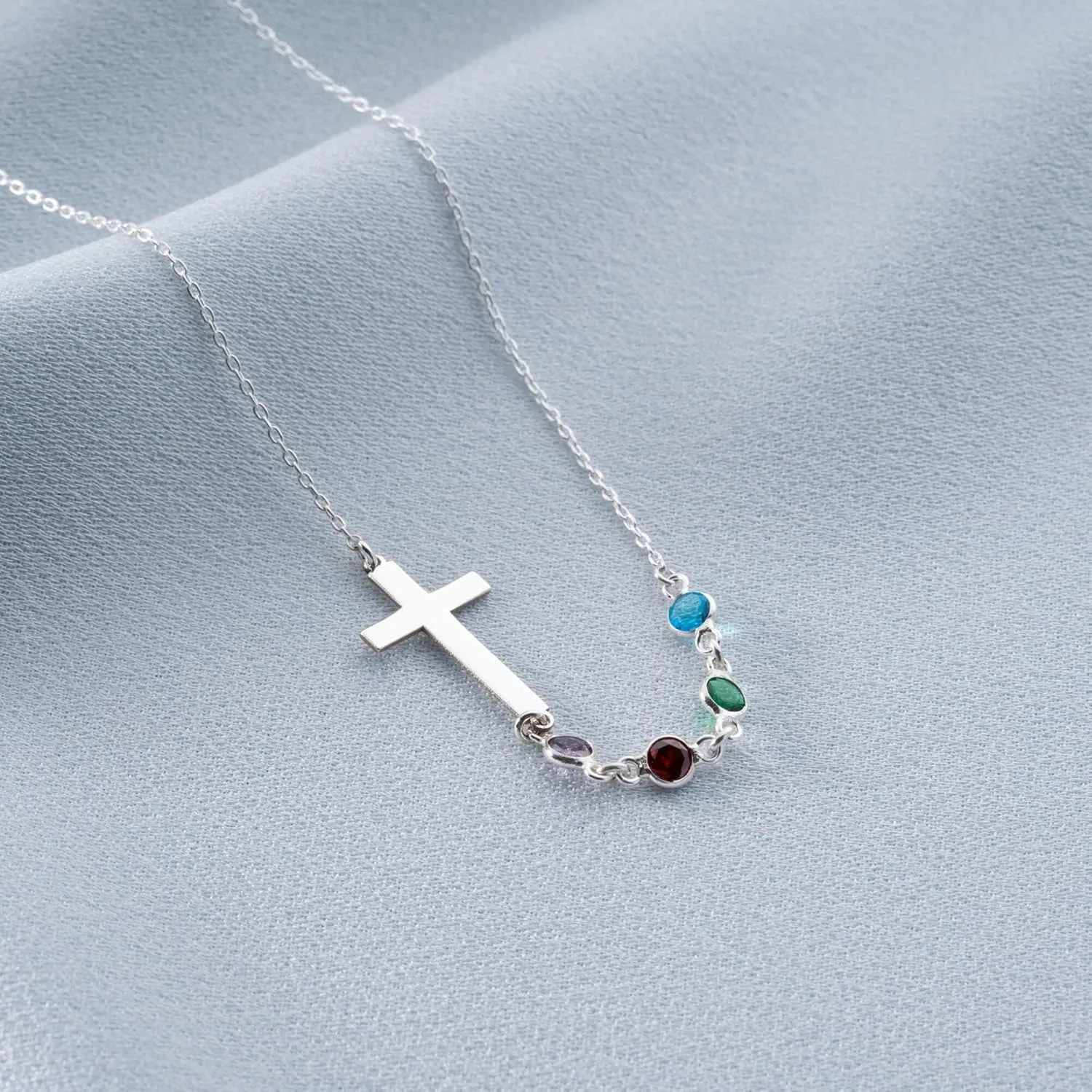 Personalized Cross Birthstone Necklace for Women Sideways Cross Family Birthstone Necklace Custom Mothers Necklace Pendants Mothers Day Gifts for Mom Grandma, 20n/50cm