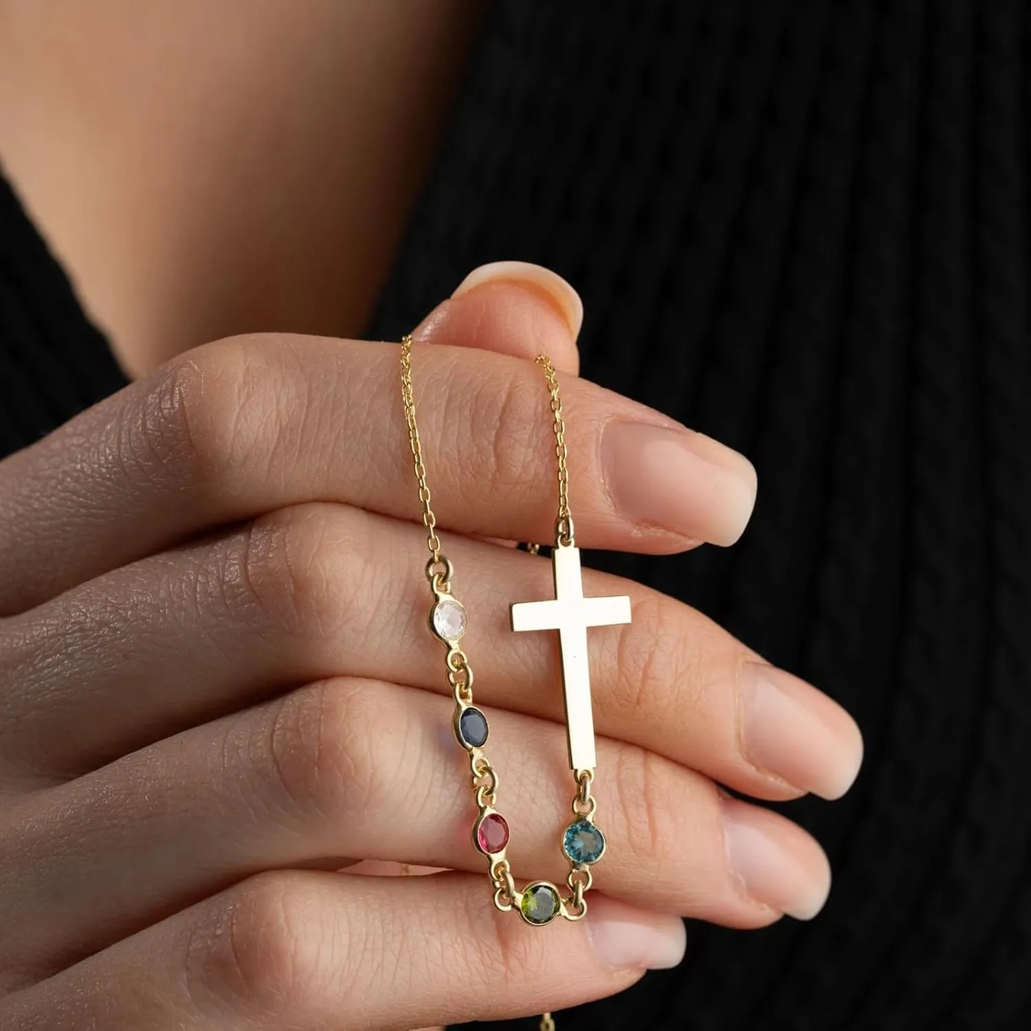 Personalized Cross Birthstone Necklace for Women Sideways Cross Family Birthstone Necklace Custom Mothers Necklace Pendants Mothers Day Gifts for Mom Grandma, 20n/50cm