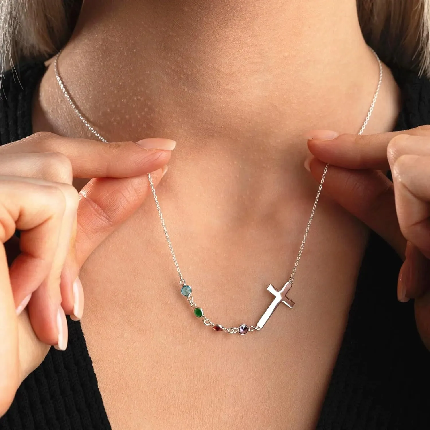 Personalized Cross Birthstone Necklace for Women Sideways Cross Family Birthstone Necklace Custom Mothers Necklace Pendants Mothers Day Gifts for Mom Grandma, 20n/50cm