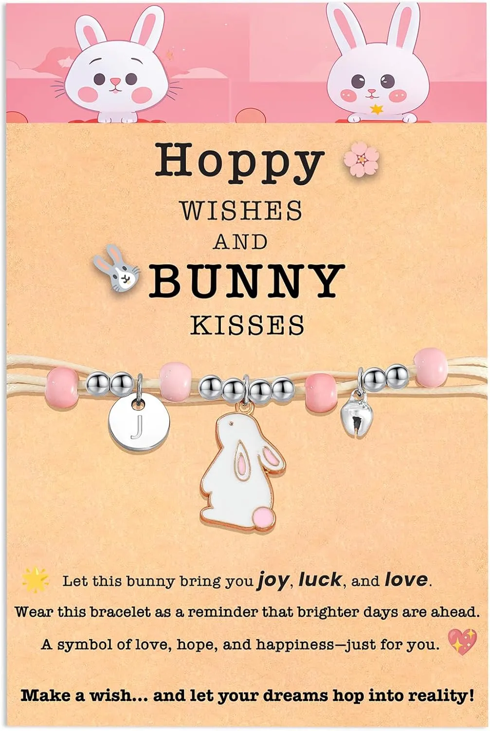 Personalized Easter Basket Stuffers,Easter Bunny Bracelet with Card for Girls, Adjustable Pastel Beaded Jewelry Gift for Daughter, Granddaughter, Niece