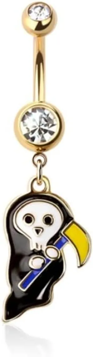 Pierced Owl 14GA Gold Plated 316L Stainless Steel CZ Crystal Grim Reaper Dangling Belly Button Ring