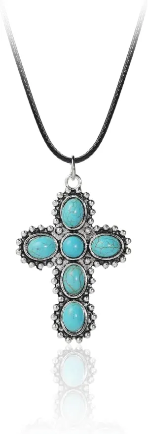 Pingyongchang Natural Turquoise Necklace Boho Bead Silver Cross Vintage Statement Pendant Necklace Handmade Turquoise Western Necklaces Jewelry for Women
