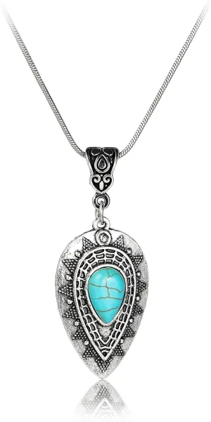 Pingyongchang Natural Turquoise Necklace Boho Bead Silver Cross Vintage Statement Pendant Necklace Handmade Turquoise Western Necklaces Jewelry for Women