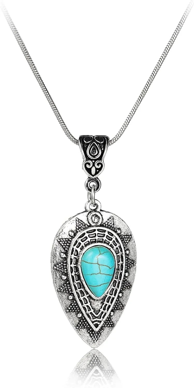 Pingyongchang Natural Turquoise Necklace Boho Bead Silver Cross Vintage Statement Pendant Necklace Handmade Turquoise Western Necklaces Jewelry for Women