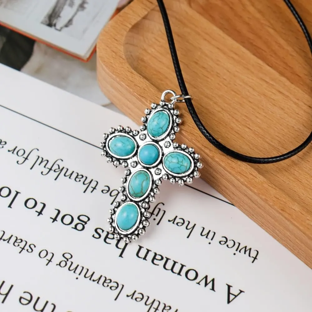 Pingyongchang Natural Turquoise Necklace Boho Bead Silver Cross Vintage Statement Pendant Necklace Handmade Turquoise Western Necklaces Jewelry for Women