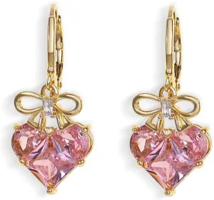 Pink Rhinestone Heart Hoop Earrings for Women 14K Gold Ribbon Bowknot Crystal Love Huggie Earrings Sweet Heart Cartilage Dangle Earrings Jewelry Gifts