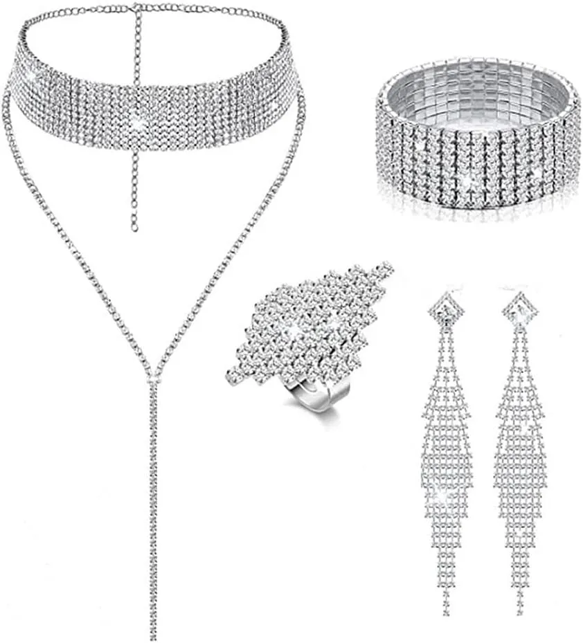 PINKPIN 5PCS Women Jewelry Set Rhinestone Tassel Choker Necklace Fringe Bracelet Crystal Dangling Earring Ring for Wedding Bridal Party Silver