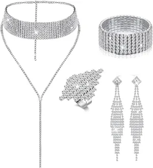PINKPIN 5PCS Women Jewelry Set Rhinestone Tassel Choker Necklace Fringe Bracelet Crystal Dangling Earring Ring for Wedding Bridal Party Silver