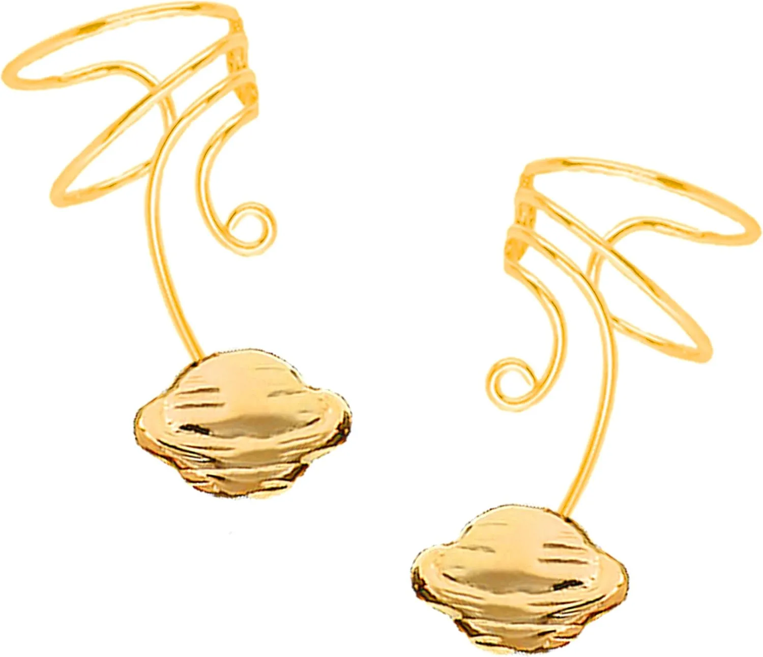 Planet Saturn Pair Gold On 925 Sterling Non-pierced Wave Ear Cuff Earrings