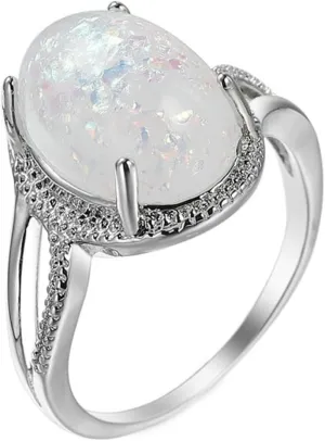 Plated 18K White Gold Rings Women, Wedding Rings for Women Simple Elegant Ring Oval Shape Opal Vintage Wedding Band