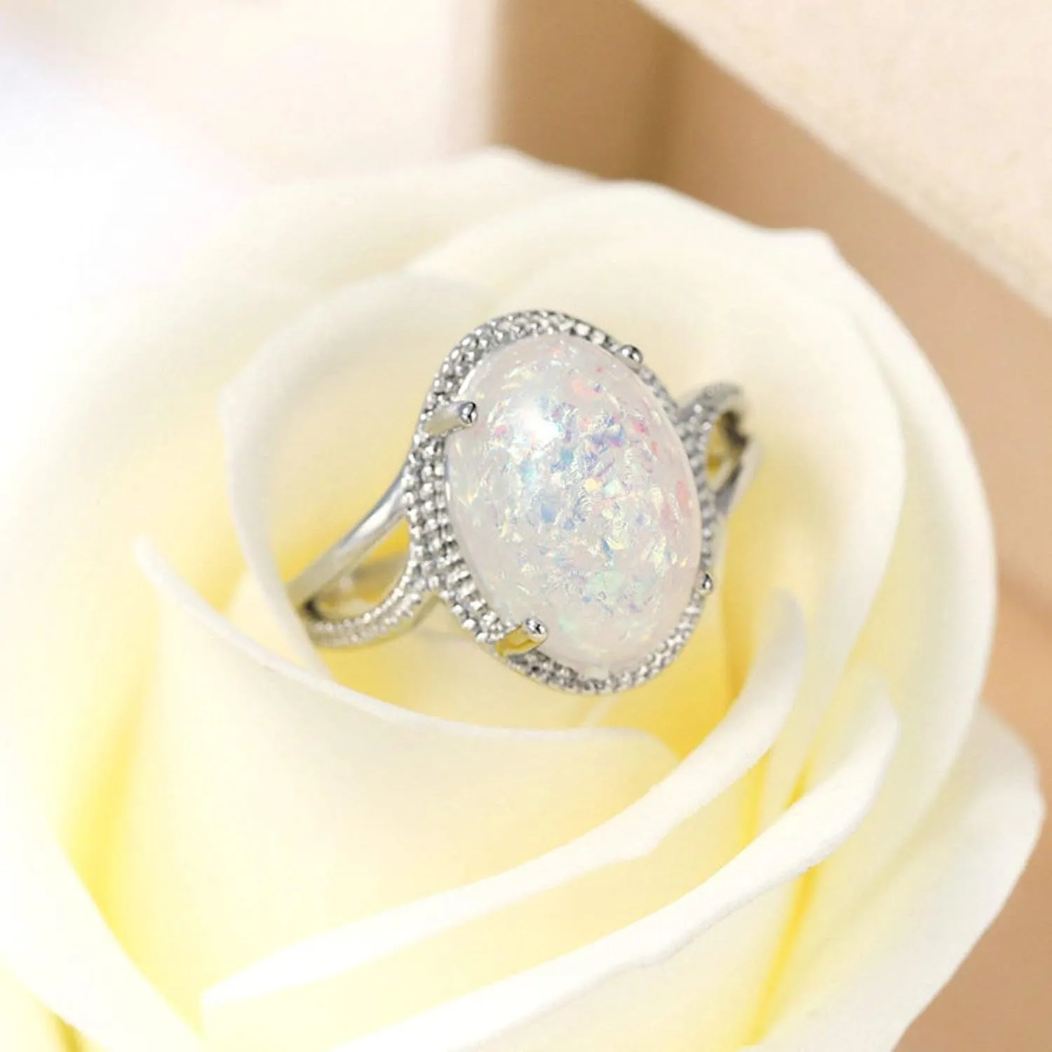 Plated 18K White Gold Rings Women, Wedding Rings for Women Simple Elegant Ring Oval Shape Opal Vintage Wedding Band