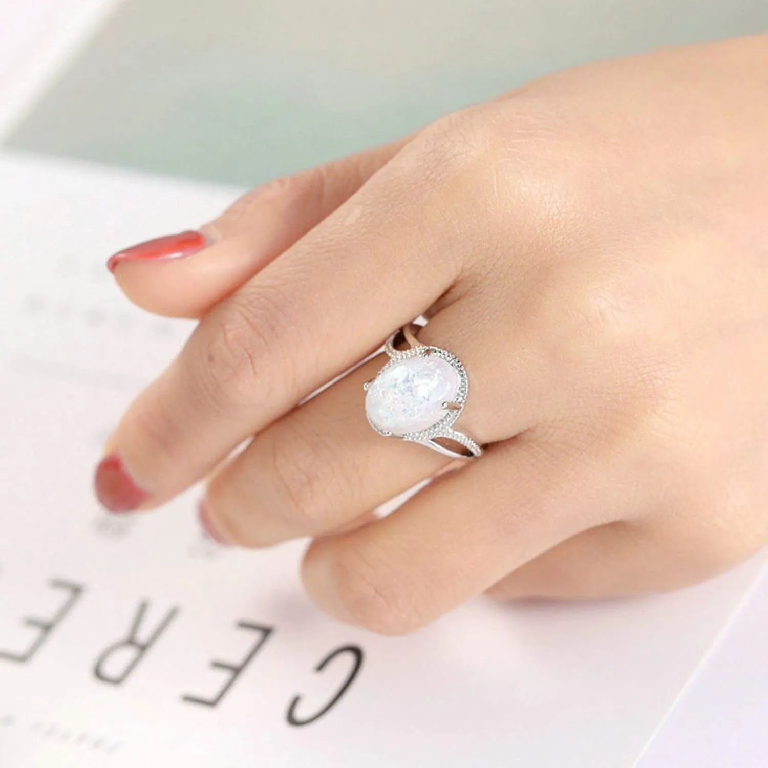 Plated 18K White Gold Rings Women, Wedding Rings for Women Simple Elegant Ring Oval Shape Opal Vintage Wedding Band