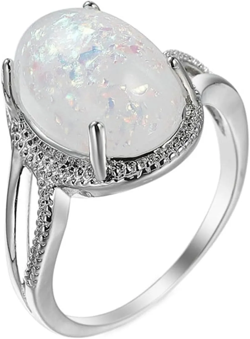 Plated 18K White Gold Rings Women, Wedding Rings for Women Simple Elegant Ring Oval Shape Opal Vintage Wedding Band
