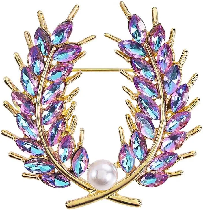 Premium Crystal Pearl Wheat Brooch Pin Yellow/Blue/Purple Crystal Wheat Spike Brooch Lapel Pins Rhinestone Brooch Pearl Brooch Clothes Hat Bag Dress Jewelry for Women