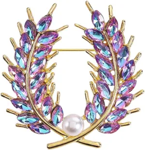 Premium Crystal Pearl Wheat Brooch Pin Yellow/Blue/Purple Crystal Wheat Spike Brooch Lapel Pins Rhinestone Brooch Pearl Brooch Clothes Hat Bag Dress Jewelry for Women
