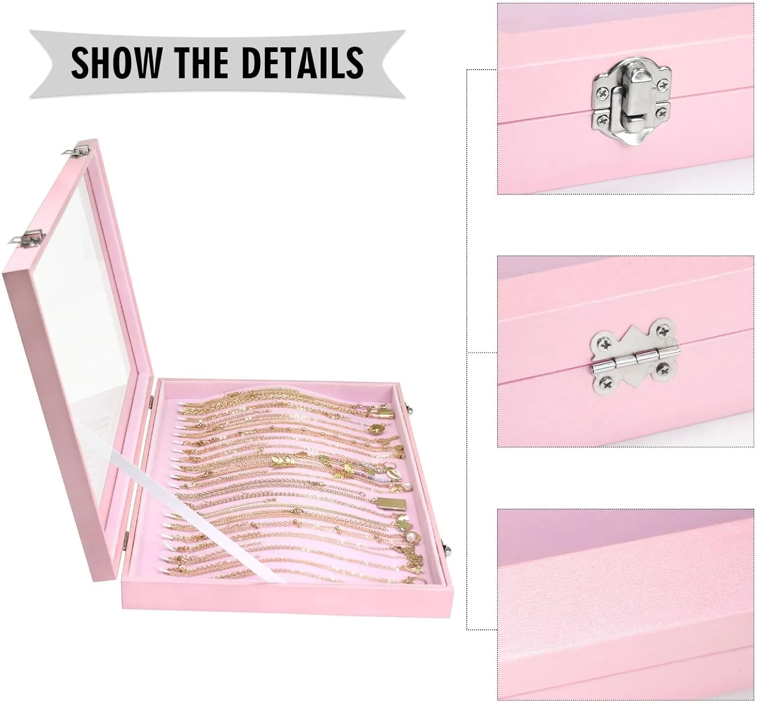 Premium Necklace Organizer Box - 20 Hooks Jewelry Tray with Transparent Lid - Display Box for Necklaces, Pendants - Suitable for Women and Girls (Pink)