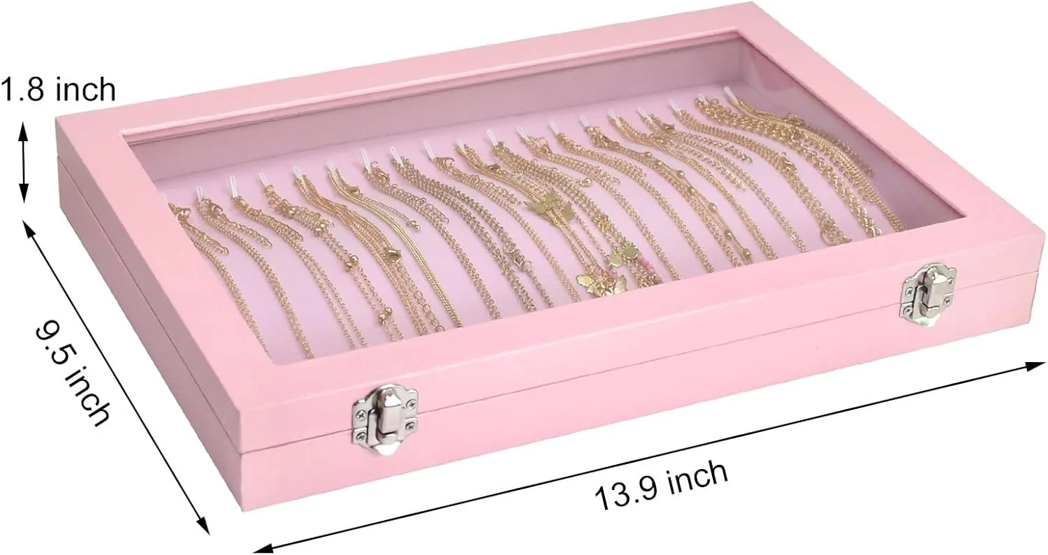 Premium Necklace Organizer Box - 20 Hooks Jewelry Tray with Transparent Lid - Display Box for Necklaces, Pendants - Suitable for Women and Girls (Pink)