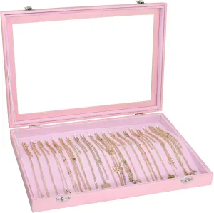 Premium Necklace Organizer Box - 20 Hooks Jewelry Tray with Transparent Lid - Display Box for Necklaces, Pendants - Suitable for Women and Girls (Pink)