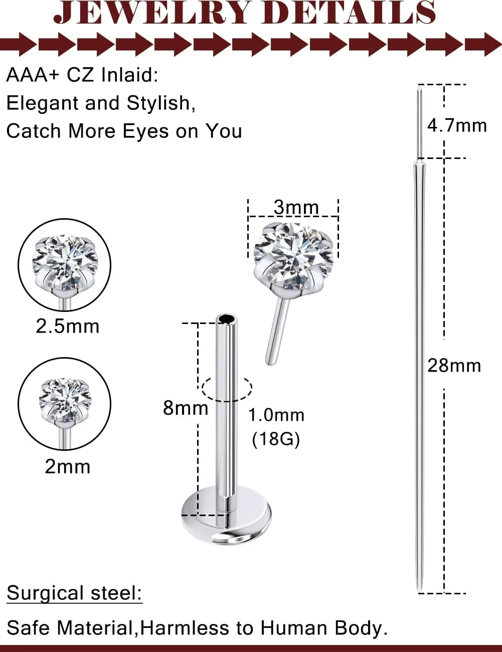 Prjndjw Threadless Nose Rings Stud 20G 18G 16G Flat Back Nose Stud Surgical Steel Push In Nose Rings Cubic Zirconia Hypoallergenic Nose Piercings Lip Medusa Tragus Studs Earrings Piercing Taper