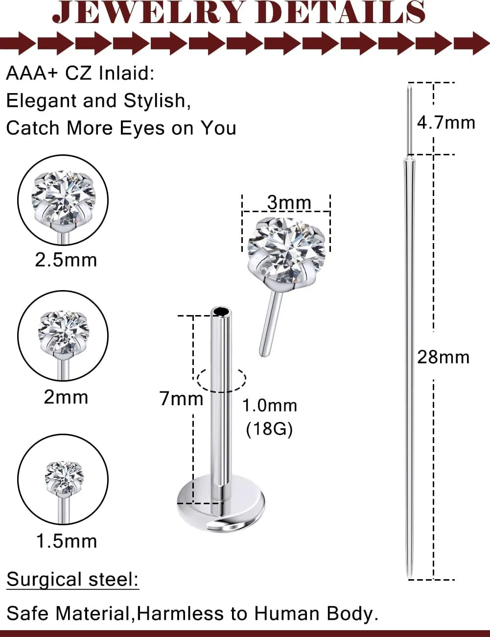 Prjndjw Threadless Nose Rings Stud 20G 18G 16G Flat Back Nose Stud Surgical Steel Push In Nose Rings Cubic Zirconia Hypoallergenic Nose Piercings Lip Medusa Tragus Studs Earrings Piercing Taper