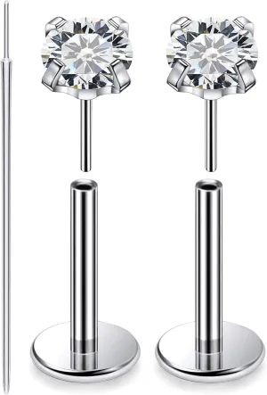 Prjndjw Threadless Nose Rings Stud 20G 18G 16G Flat Back Nose Stud Titanium Push In Nose Rings Cubic Zirconia Hypoallergenic Nose Piercings Lip Medusa Tragus Studs Earrings Piercing Taper