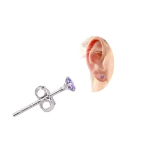 Purple Cubic Zirconia Studs Sterling Silver Earrings, 3 mm Amethyst Color CZ