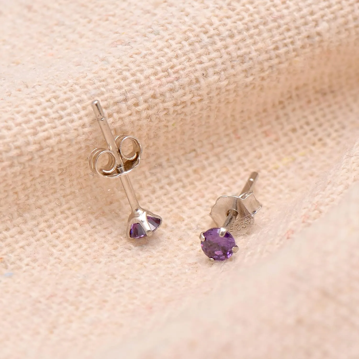 Purple Cubic Zirconia Studs Sterling Silver Earrings, 3 mm Amethyst Color CZ
