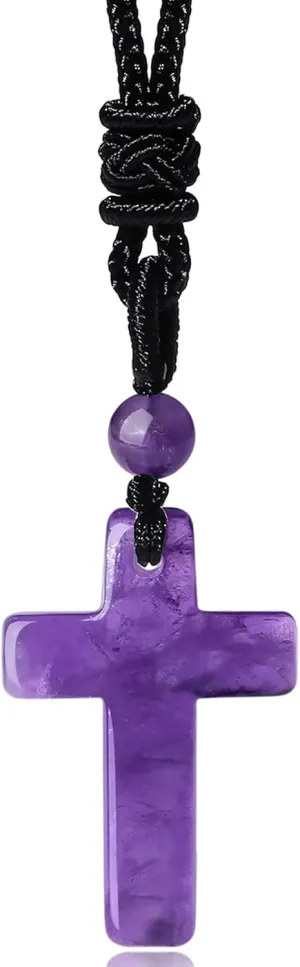 QINJIEJIE Cross Crystal Necklace Adjustable Black Rope Natural Gemstone Quartz Stone Necklaces for Men Women Father's Day Gift