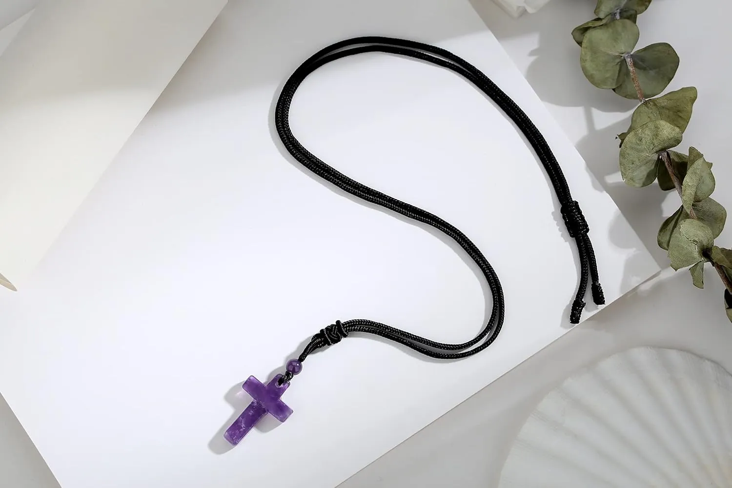 QINJIEJIE Cross Crystal Necklace Adjustable Black Rope Natural Gemstone Quartz Stone Necklaces for Men Women Father's Day Gift