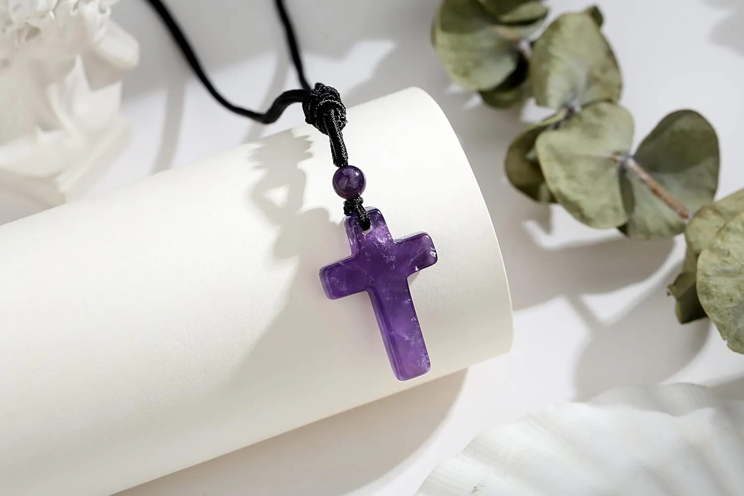 QINJIEJIE Cross Crystal Necklace Adjustable Black Rope Natural Gemstone Quartz Stone Necklaces for Men Women Father's Day Gift