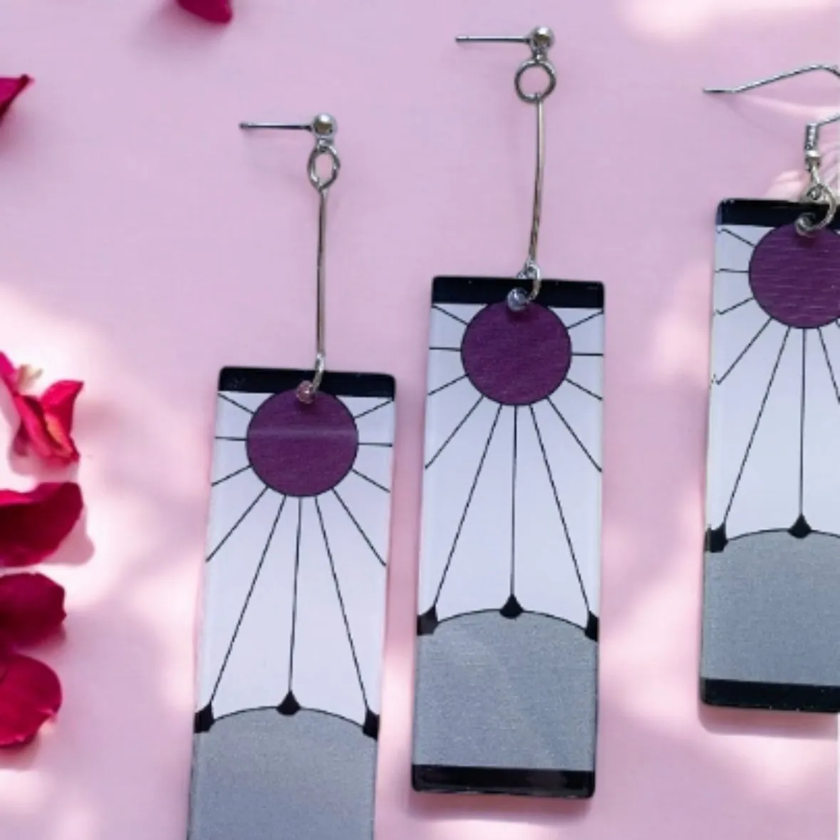Quirky - Silver rectangle shaped earrings with sun ray| japanese anime dangle earrings | oriental decor drop earrings| cute kawaii | demon slayer