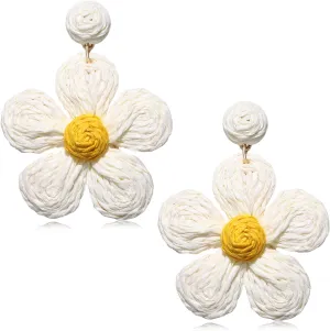 Rattan Earrings for Women Statement Boho Raffia Straw Wrapped Flower Drop Dangle Earrings Summer Tropical Beach Jewelry