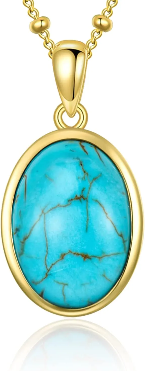 Real Turquoise Necklaces for Women 925 Sterling Silver Oval Genuine Gemstone Pendant Jewelry for Mom Wife Her White Yellow Gold Plated
