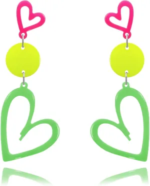 RechicGu 80s 90s Neon Heart Hoop Earrings for Glow Party, 70s Retro Outfit Jewelry Accessories Gift for Women,Acrylic Round Drop Dangle Earring for Halloween Costume Rose Red Green Yellow