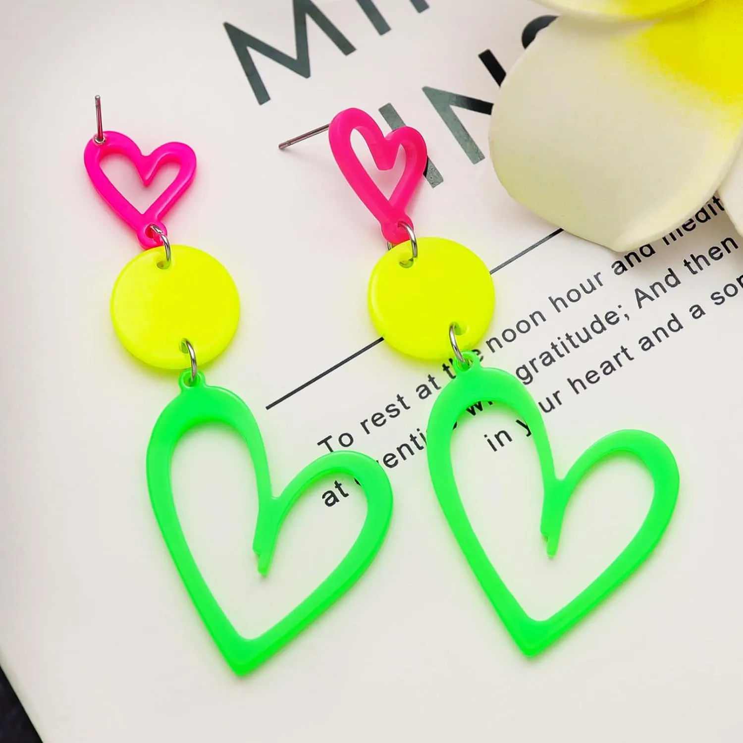 RechicGu 80s 90s Neon Heart Hoop Earrings for Glow Party, 70s Retro Outfit Jewelry Accessories Gift for Women,Acrylic Round Drop Dangle Earring for Halloween Costume Rose Red Green Yellow