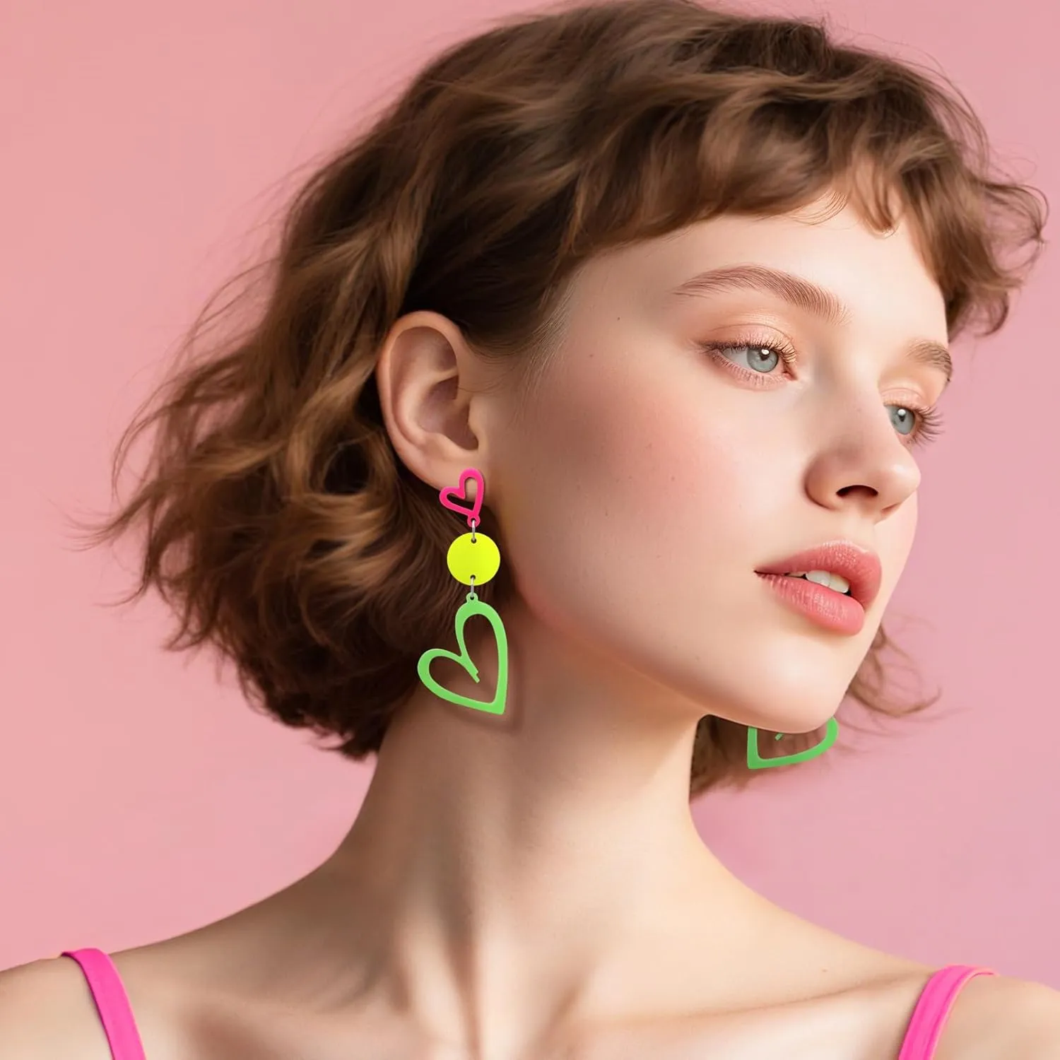 RechicGu 80s 90s Neon Heart Hoop Earrings for Glow Party, 70s Retro Outfit Jewelry Accessories Gift for Women,Acrylic Round Drop Dangle Earring for Halloween Costume Rose Red Green Yellow